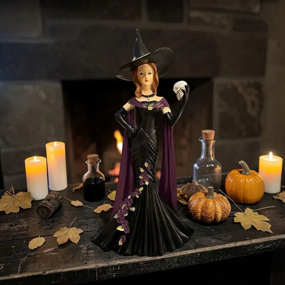 Modern Gothic Witch Figurine Elegant Purple Black Gown Skull Halloween Decor 16